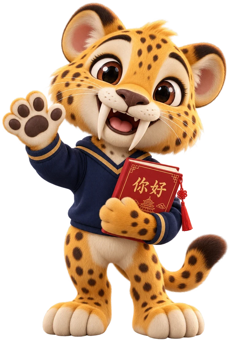 Mascota del colegio dientes de sable 3D saludando y sosteniendo un libro de Chino Mandarín